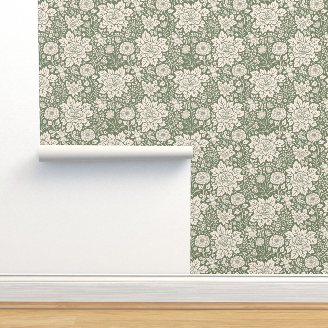 Sage Green Floral Hand Drawn Traditional Classic Serene Green And Cream Block Print Custom Pre-pasted Wallpaper by Spoonflower Pre-Pasted Wallpaper 2FT Wide
